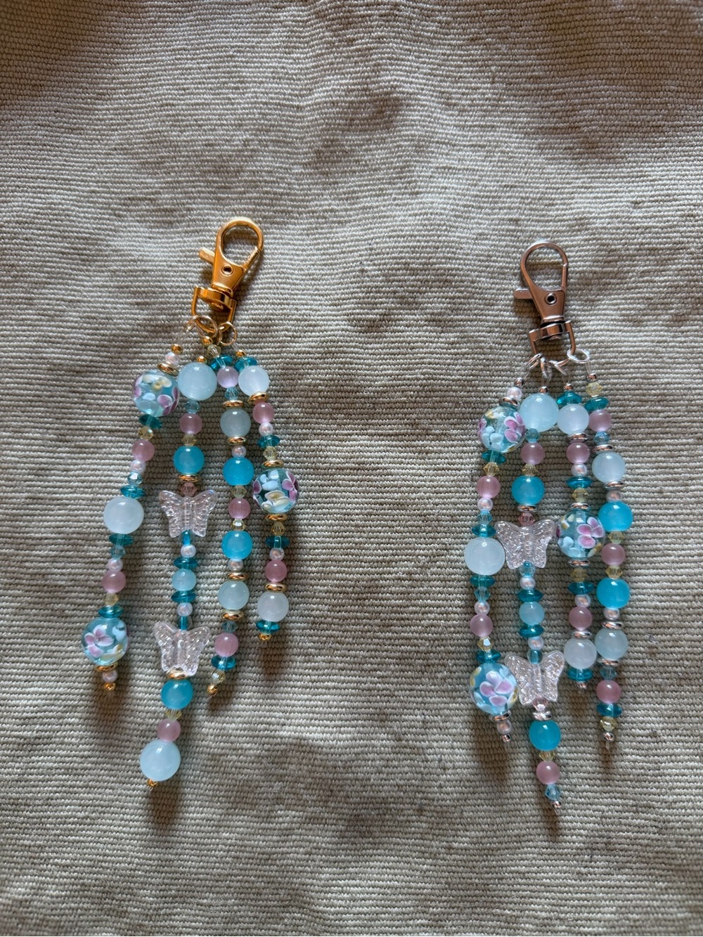 Handmade Beaded Floral Keychain/Bag Charm- Aqua & Pink w/Butterflies